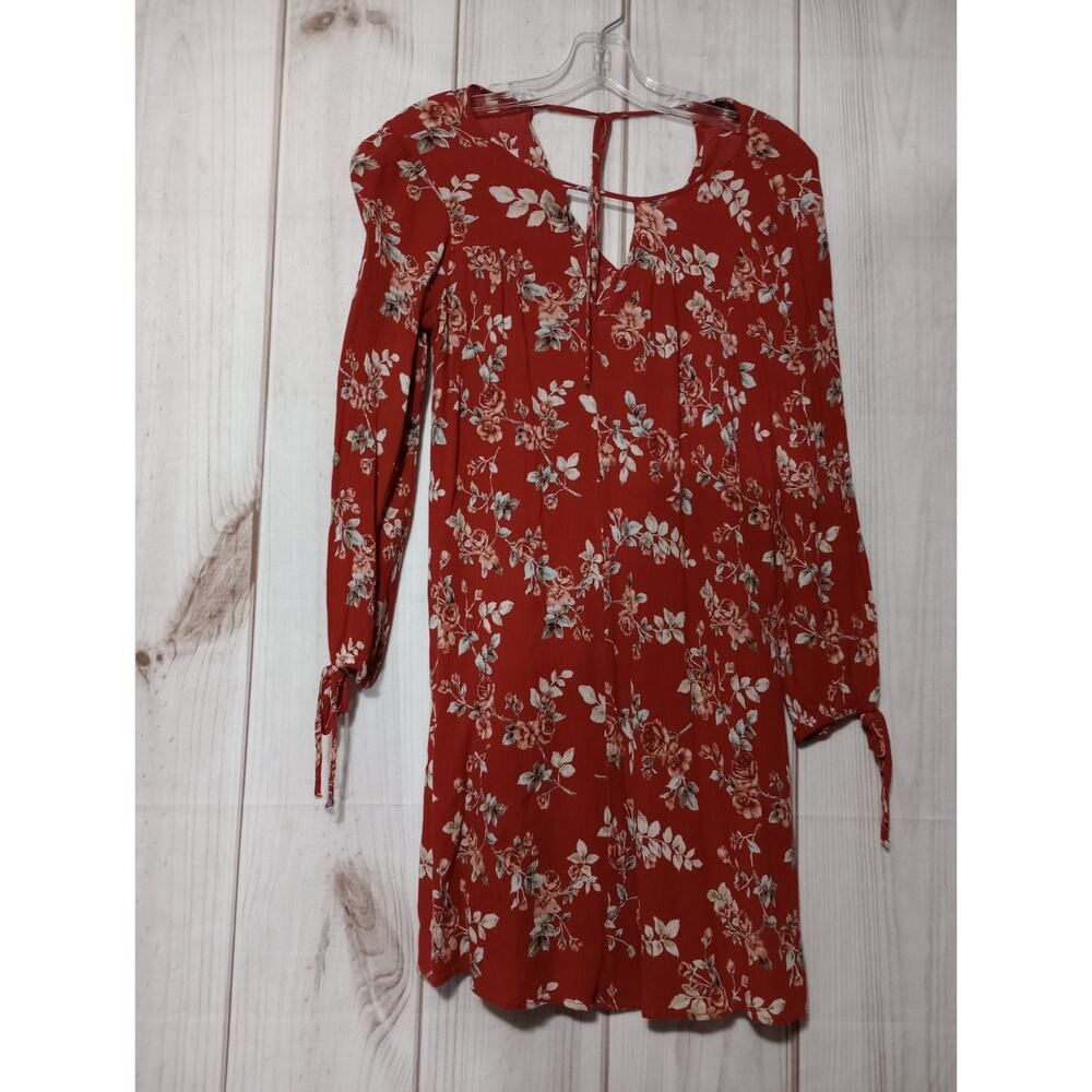 American Eagle Floral Mini Dress Rust Red Long Sleeve Tie Back XS